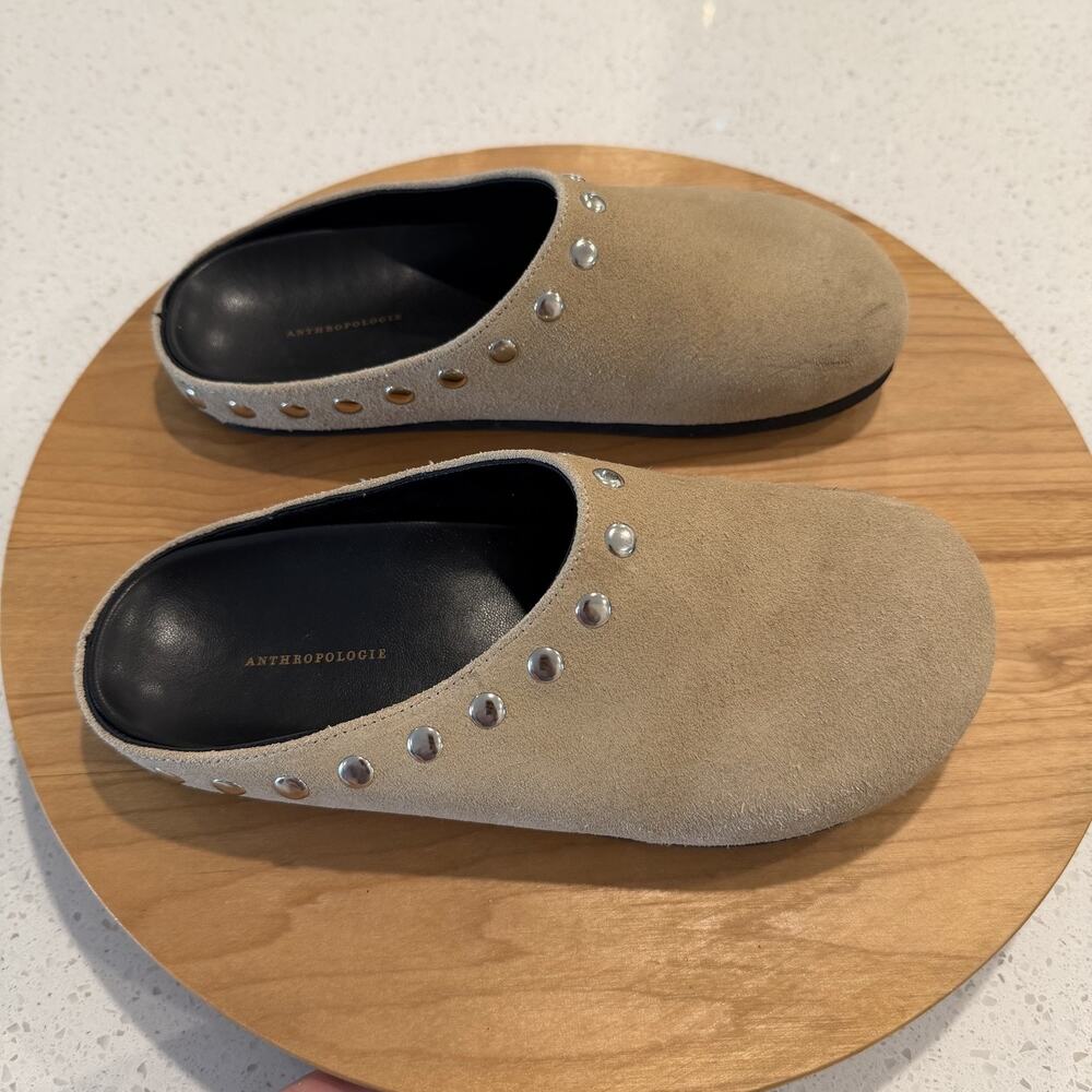Anthropologie Shoes 6.5 Studded Clogs Suede Slip On Beige Mules Casual Comfy